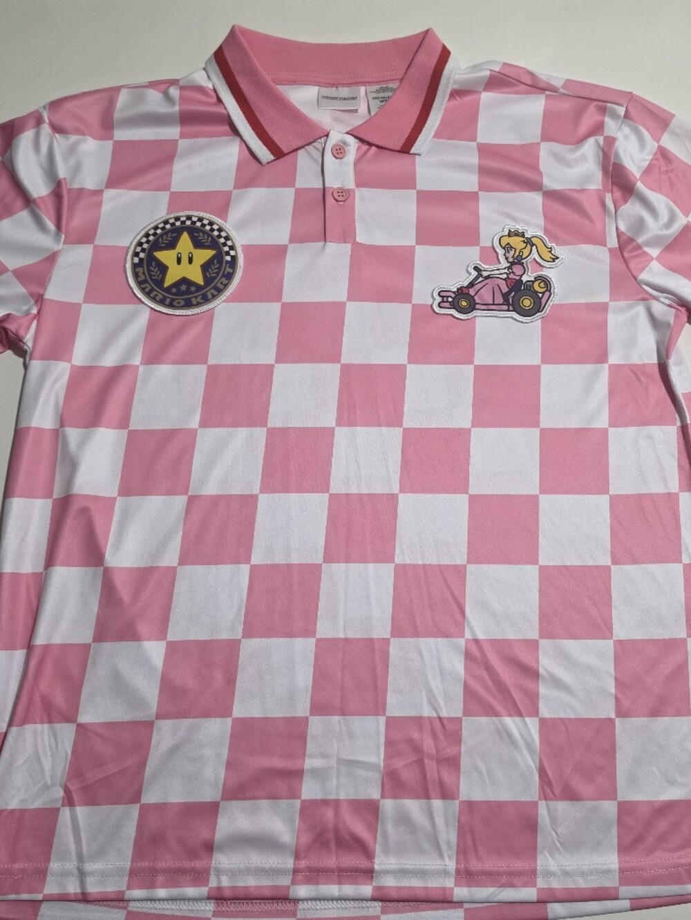 Womens XS Pink & White Checkered Polo Top Mario Kart Princess Peach